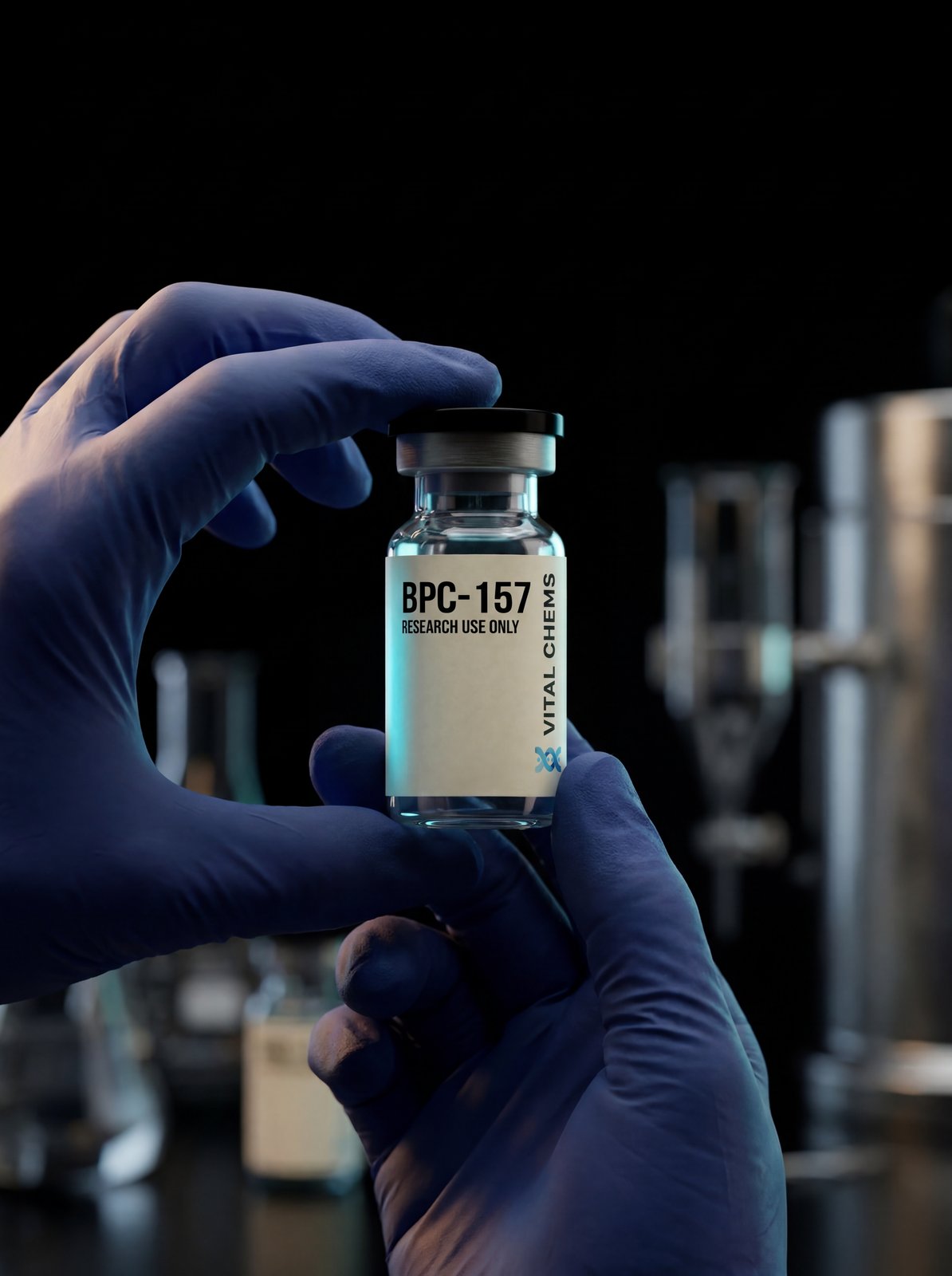 Researcher holding Vital Chems BPC-157 vial in lab